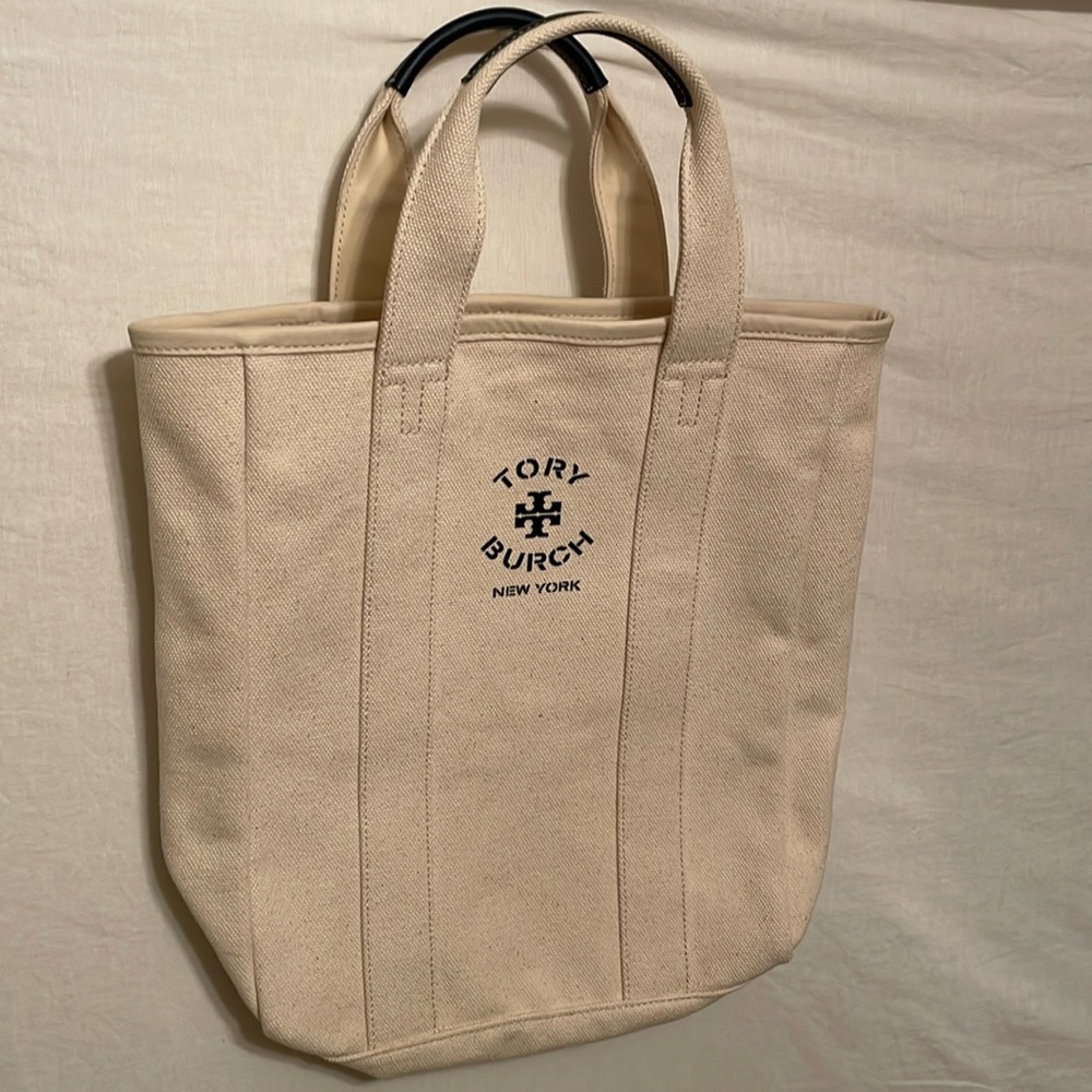 Tory Burch Mercer St. Canvas Tote Bag in Cream Navy Leather Straps